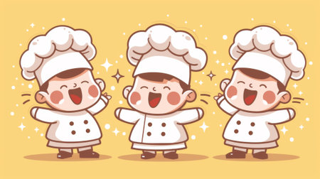 Three cartoon chefs with big smiles and little hats, AIの素材