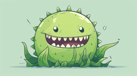 A cartoon monster with big teeth and a green body, AIの素材