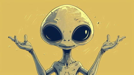 A cartoon alien with hands up and a big smile on his face, AIの素材
