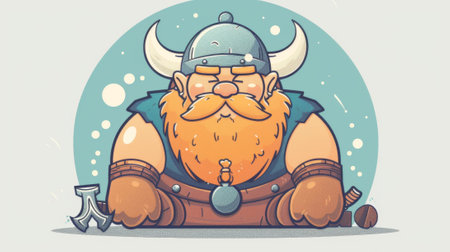 A cartoon viking with a big beard and axe sitting on the ground, AIの素材