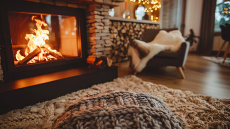 A fire place in a living room with some pillows and blankets, AIの素材