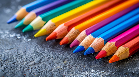 A row of colored pencils lined up on a table, AIの素材