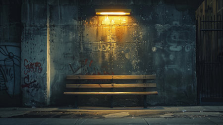 A bench sitting on a concrete wall next to graffiti, AIの素材