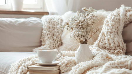 A white coffee cup sitting on a couch next to some books, AIの素材