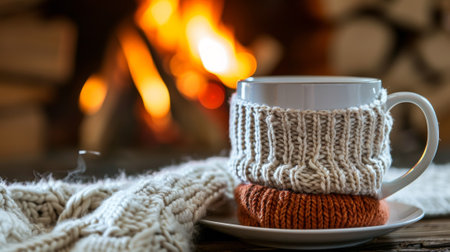 A cup of coffee on a saucer with knitted sweater, AIの素材