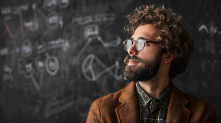 A man with glasses and curly hair standing in front of a chalkboard, AIの素材