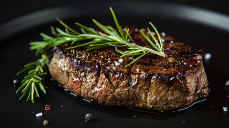 A close up of a steak with rosemary on it, AIの素材