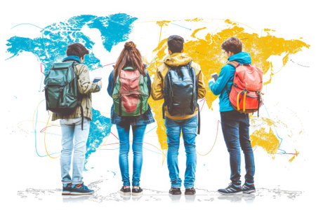 A group of people with backpacks standing in front of a world map, AIの素材