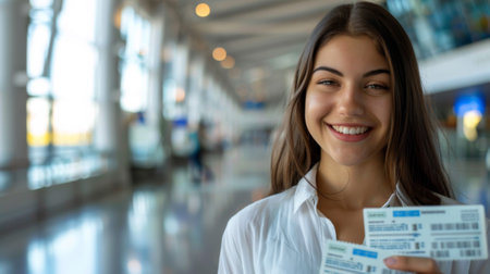 A woman holding two boarding passes in her hand at an airport, AIの素材