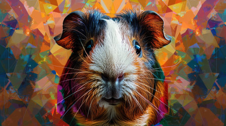 A guinea pig is shown in a colorful mosaic of geometric shapes, AIの素材