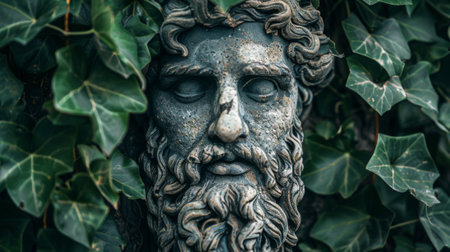 A fictional statue of a face with beard and hair is surrounded by green leaves, AIの素材
