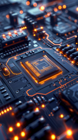 A close up of a computer chip with glowing lights on it, AIの素材
