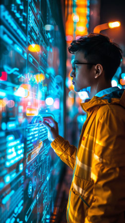 A young man in yellow jacket looking at a digital display, AIの素材