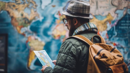 A man with a hat and backpack looking at the world map, AIの素材