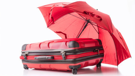 A red suitcase and an open umbrella on a white background, AIの素材