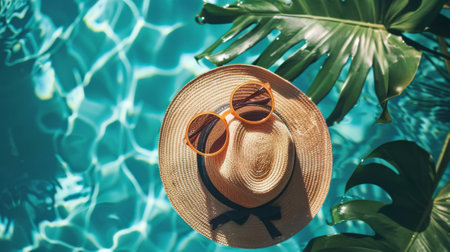 A hat and sunglasses on top of a pool with palm trees, AIの素材