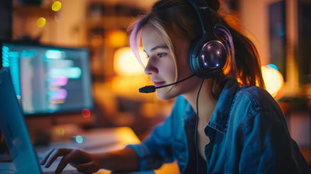 A woman wearing headphones and a headset working on her laptop, AIの素材