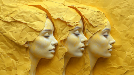 Three statues of women with their faces covered in yellow paper, AIの素材