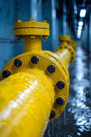 A yellow water pipe with black dots on it in a tunnel, AIの素材