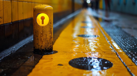 A yellow post with a keyhole on it sitting in the rain, AIの素材