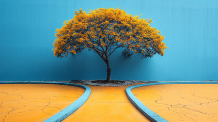 A tree in a parking lot with two curvy paths leading to it, AIの素材