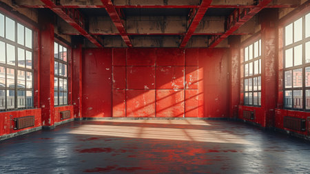 A large room with red walls and windows that are open, AIの素材