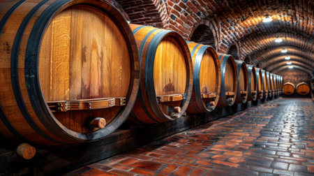 A row of wine barrels lined up in a brick building, AIの素材