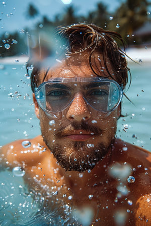 A man wearing goggles in the water with a smile on his face, AIの素材