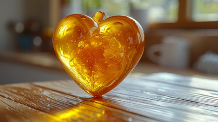 A glass heart shaped object sitting on a wooden table, AIの素材