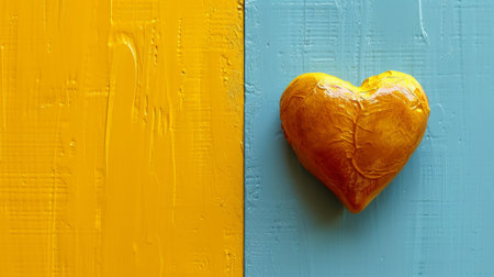 A heart shaped piece of bread on a blue and yellow wall, AIの素材
