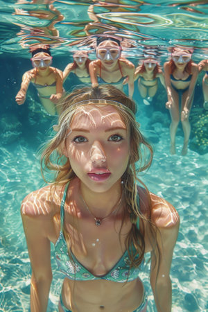 A group of a woman in bikinis underwater with other people, AIの素材