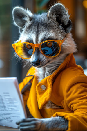 A raccoon wearing sunglasses and reading a book while sitting at the table, AIの素材