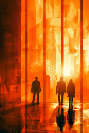 A group of people walking through a large building with orange lighting, AIの素材
