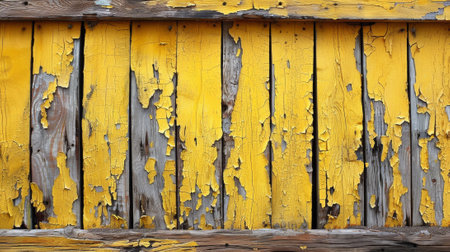 A close up of a yellow painted wooden fence with peeling paint, AIの素材
