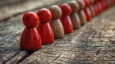 A row of wooden figurines lined up on a table, AIの素材