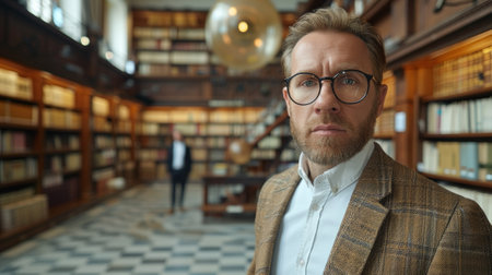A man in a library with glasses and suit on, AIの素材