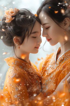 Two women in traditional chinese dress are embracing each other, AIの素材