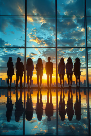 A group of people standing in front of a large window, AIの素材