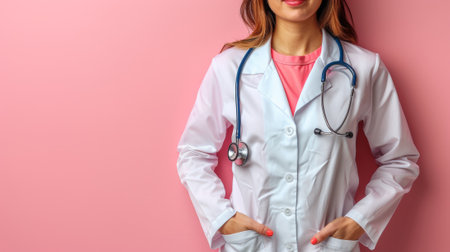 A woman in white coat and stethoscope standing against pink wall, AIの素材