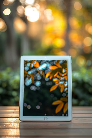 A tablet computer sitting on a wooden table outside, AIの素材