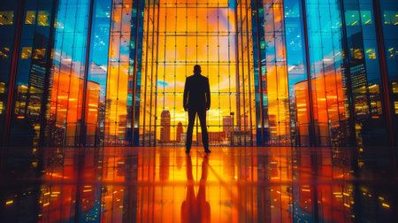 A man standing in front of a glass building with city lights behind him, AIの素材