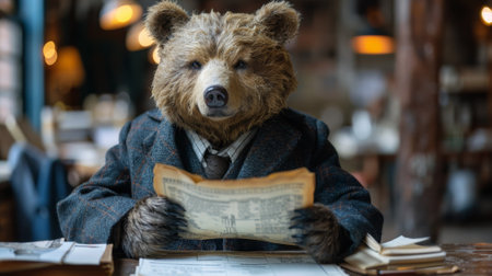 A bear in a suit and tie reading the newspaper, AIの素材