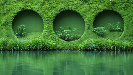A pond with green moss and plants in the middle of it, AIの素材