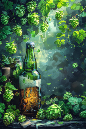 A bottle of beer is surrounded by green plants and leaves, AIの素材