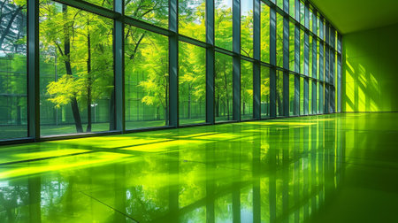 A large room with a lot of windows and trees outside, AIの素材