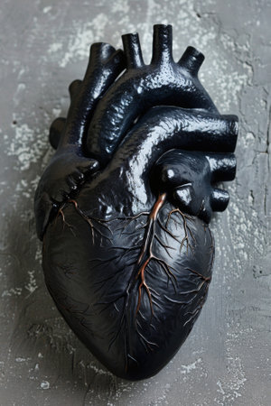 A black heart shaped object sitting on a gray surface, AIの素材