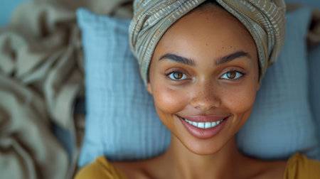 A woman with a towel on her head smiling at the camera, AIの素材