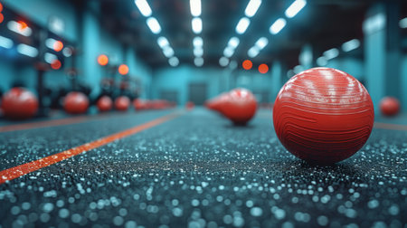 A group of red balls are lined up on a floor, AIの素材