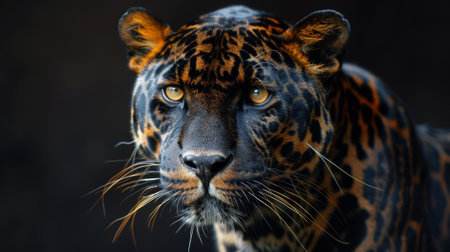 A close up of a jaguar looking into the camera with dark background, AIの素材