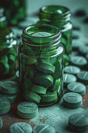 A jar of pills and a bunch of them on the table, AIの素材